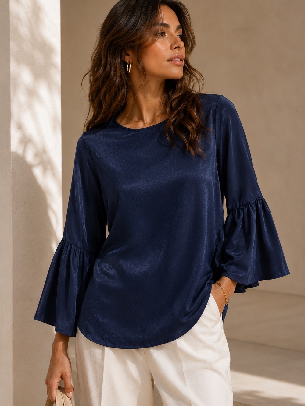 Anthropologie Ro & De Satin Bell Sleeve Blouse Navy XS